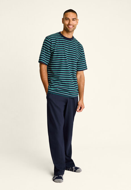 Mens Navy Stripe Print Jersey Pyjama Set