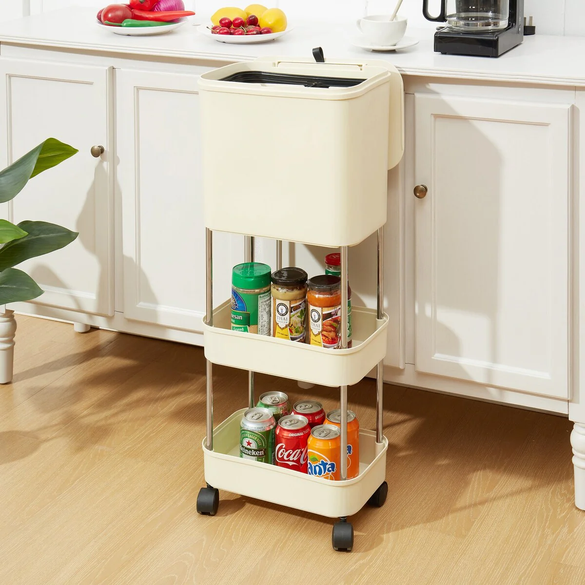 Rolling Utility Cart with Trash Cans, Movable Kitchen Garbage Can with Pop-up Lid and Wheels for Kitchen Bathroom Home Office