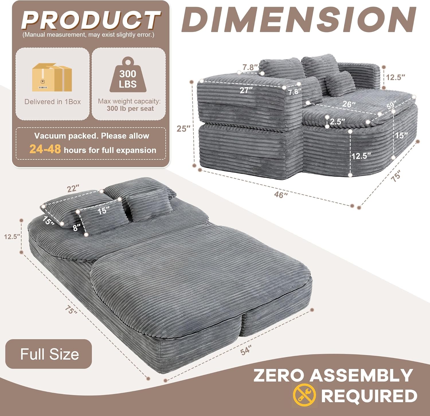 75'' Folding Sleeper Sofa Bed, Memory Foam Fold Out Couch, Boneless Foldable Full Size Guest Bed Mattress, Modern 2-in-1 Floor Deep Seat Sleeper Sofa with 4 Pillows and Blanket (Corduroy, Gray)