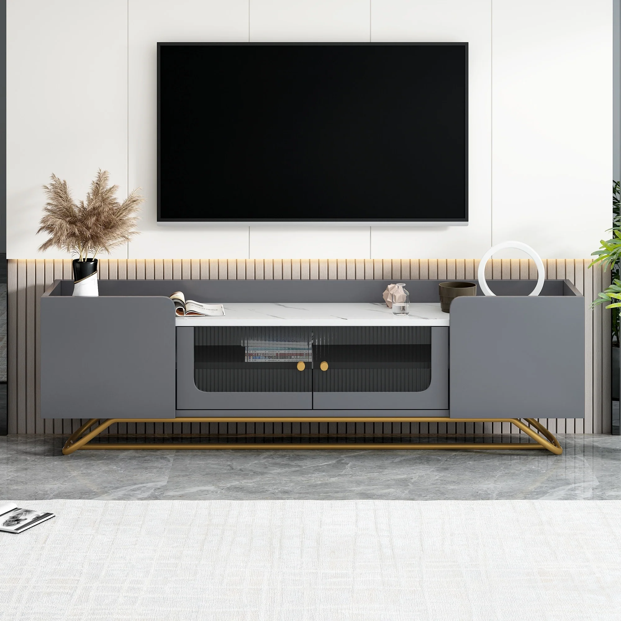 TV Stand with Fluted Glass, Entertainment Center for TVs Up to 70, Faux Marble Top TV Console Table with Gold Frame Base