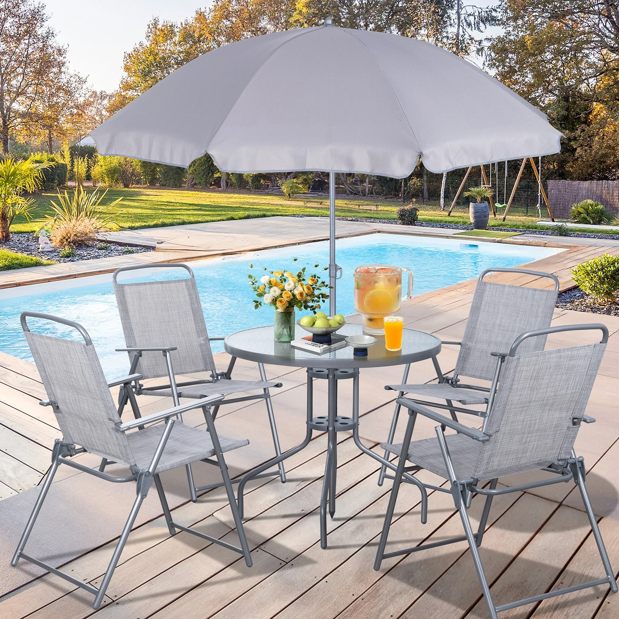 Futzca Folding Patio Dining Set, Garden Patio Furniture Set with Umbrella, Glass Table and 4 Folding Chairs