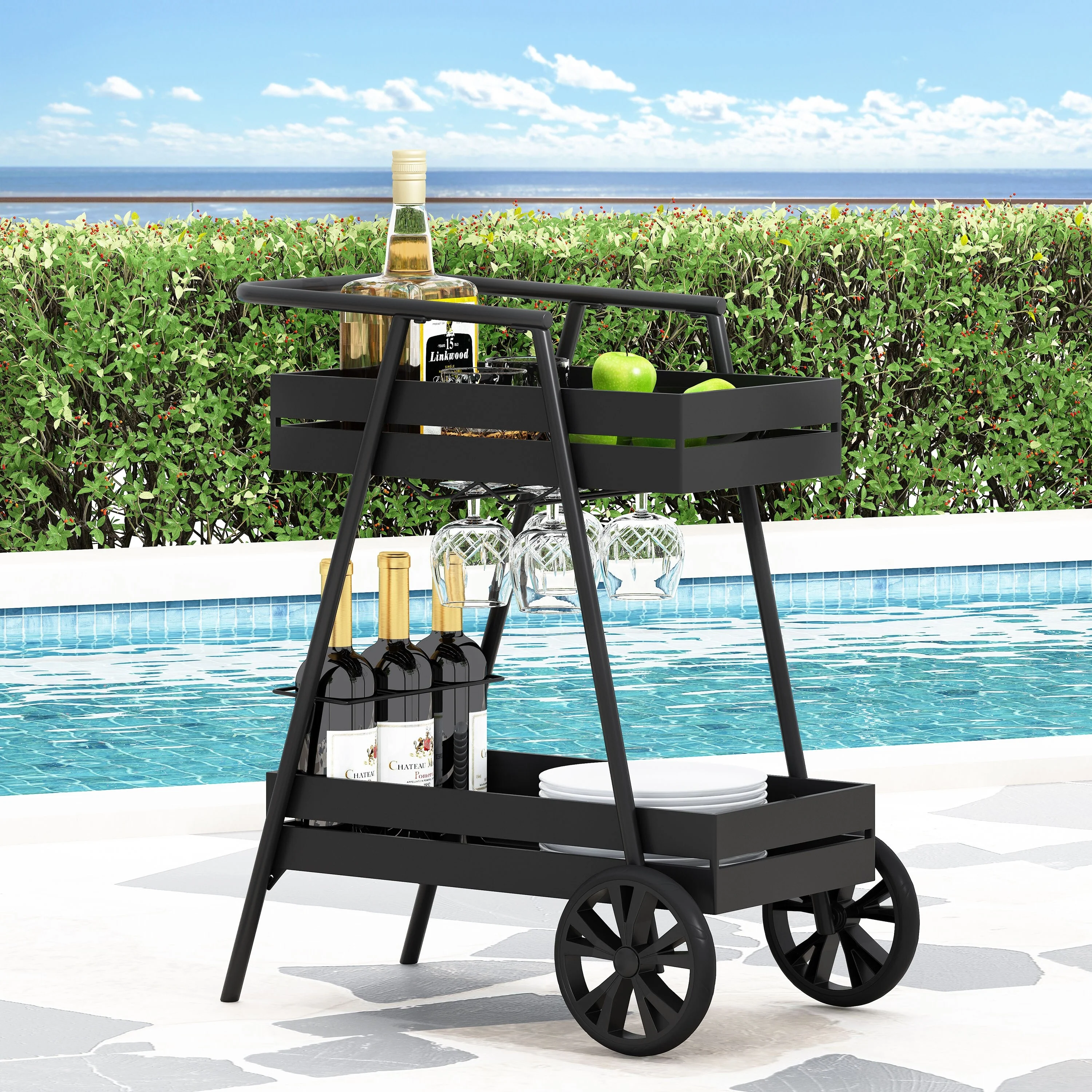 Roomfitters Outdoor Metal Rolling Bar Cart with Wine Glass Holders and Bottle Storage, Modern Black
