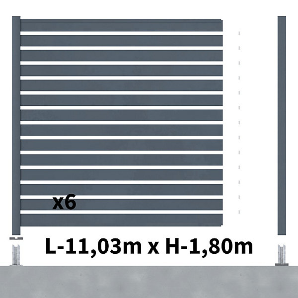 Kit Clôture Ajourée Aluminium OLINDA Anthracite 11,03x1,8m Poteaux sur Platines - Dimension des Lames : 21x100x1780 mm