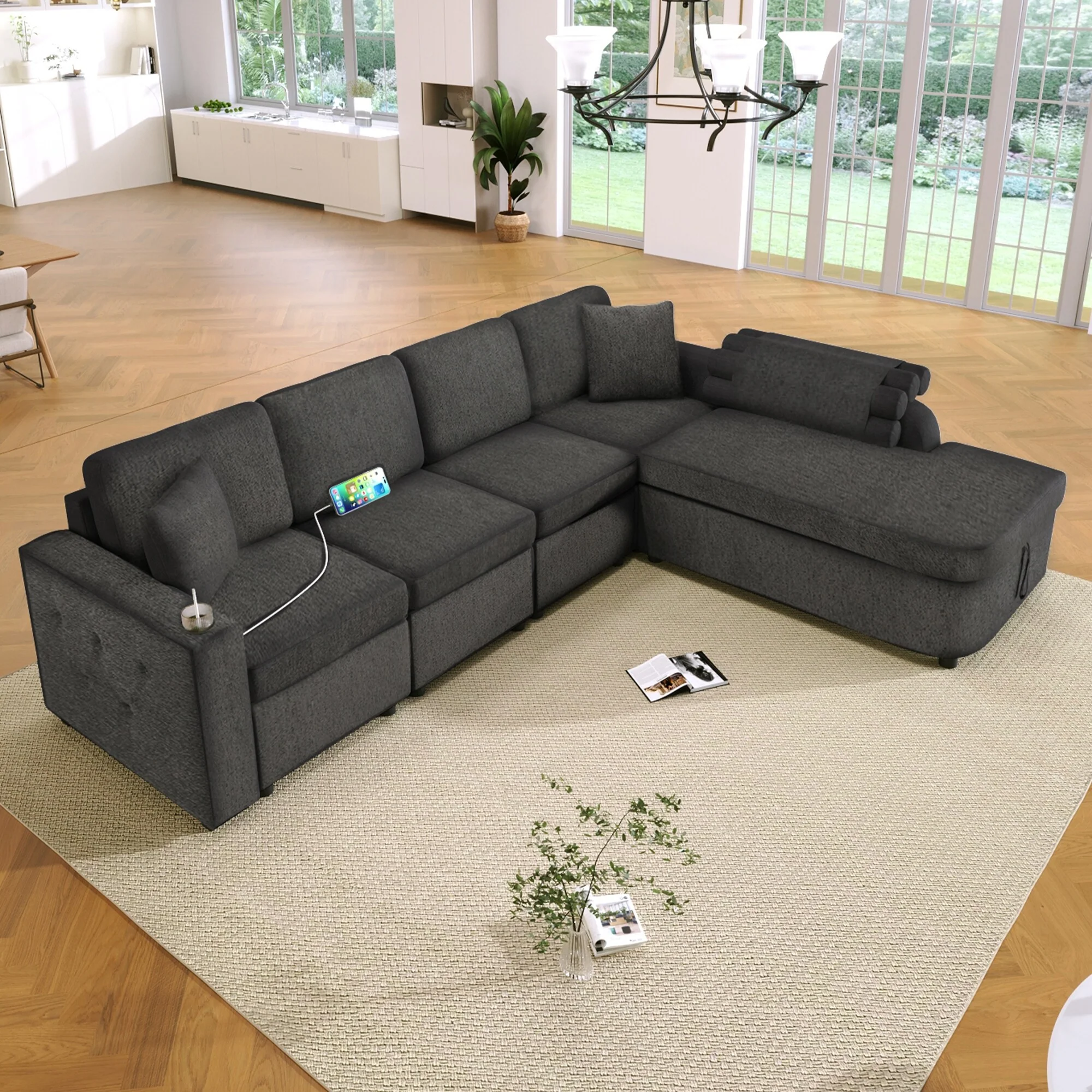 109.8 L-Shaped 5-Seat Sofa with Storage Chaise and USB Ports
