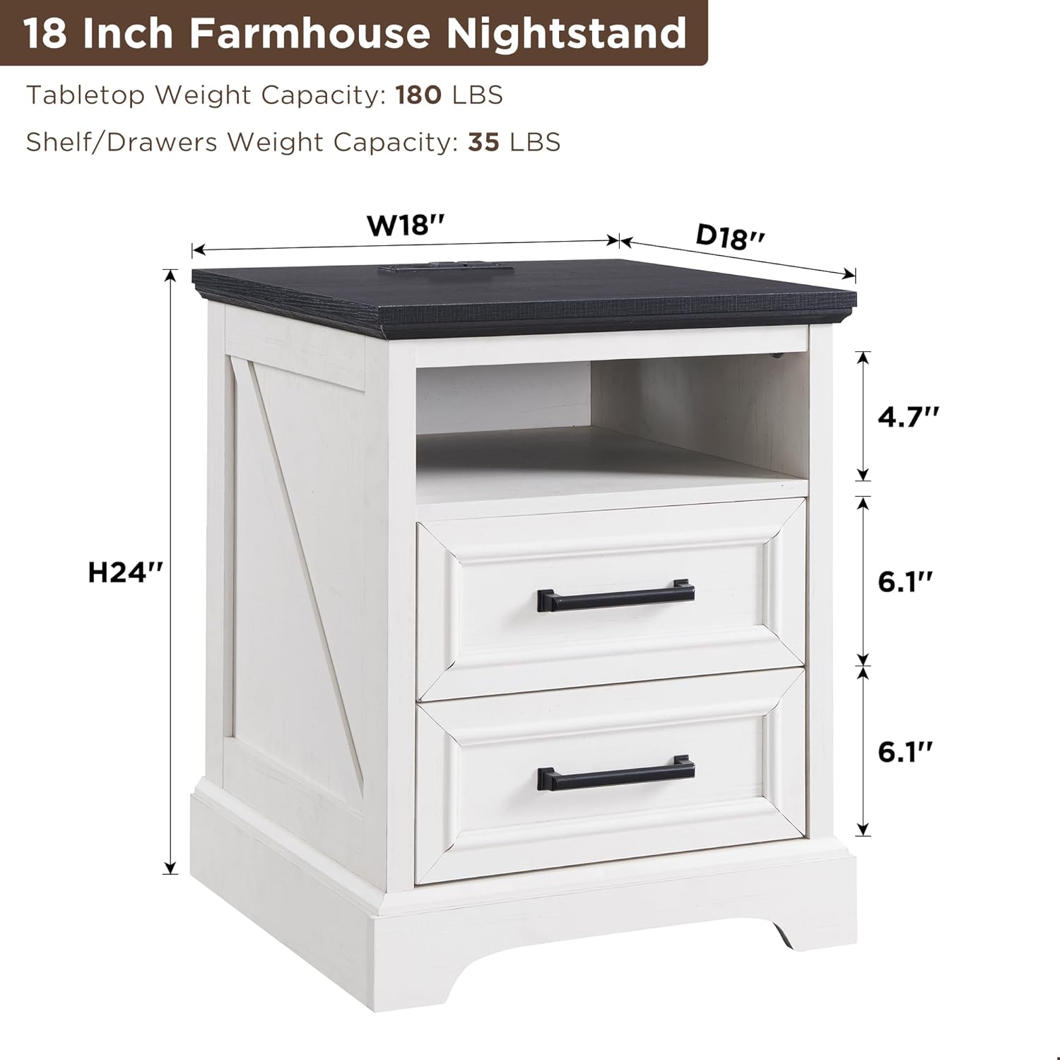 ACCOHOHO 18 Farmhouse Nightstand Set of 2 with Charging Station,End Table with 2 Drawers Storage,Side Table,Bedside Cabinet for Bedroom,Living Room, Withe