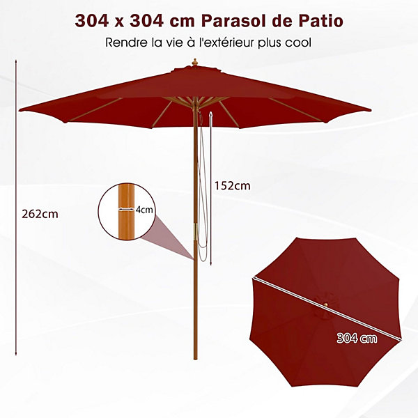 3M Parasol de Jardin Exterieur,avec 8 Baleines en Bambou,Levage par Poulie,Protection Solaire,pour Piscine, Cour, Base(Rouge)