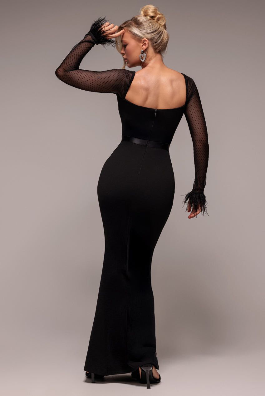 Goddiva Dobby Mesh Feather Sleeve Evening Maxi Dress
