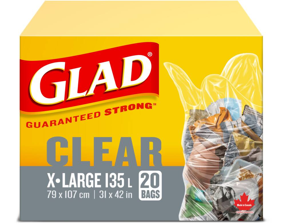 Glad Extra-Large Easy-Tie Flap Indoor/Outdoor Garbage/Recycling Bags, 20-pk, Clear, 135-L