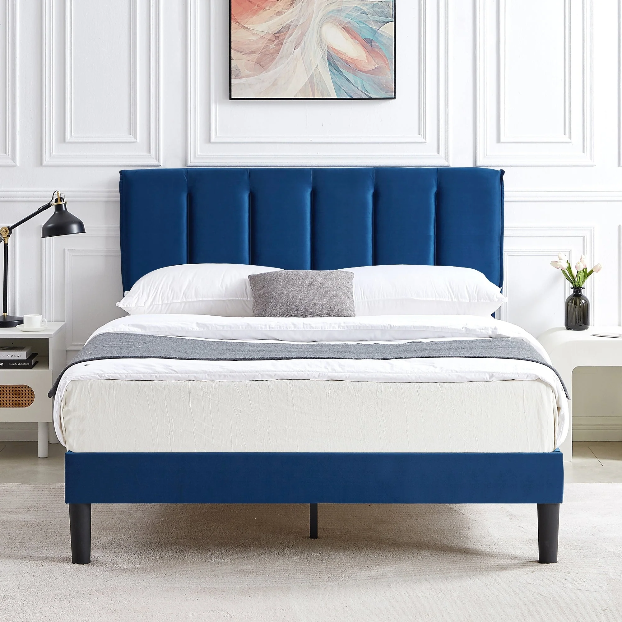 Javlergo Velvet Upholstered Platform Bed Frame with Adjustable Headboard