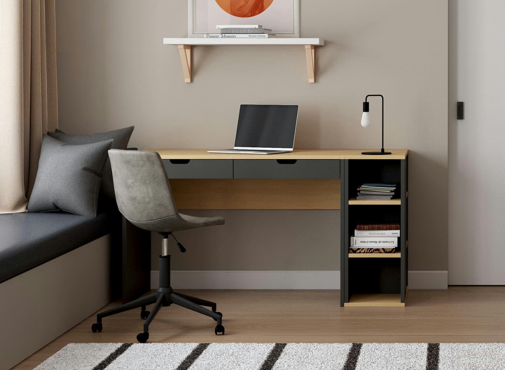 ALBI - Bureau avec 2 tiroirs et caisson Ardoise et Chêne