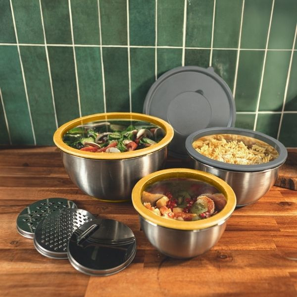 Zestaw 3 misek PIKA inox   pokrywy szklane oraz 3 tarki