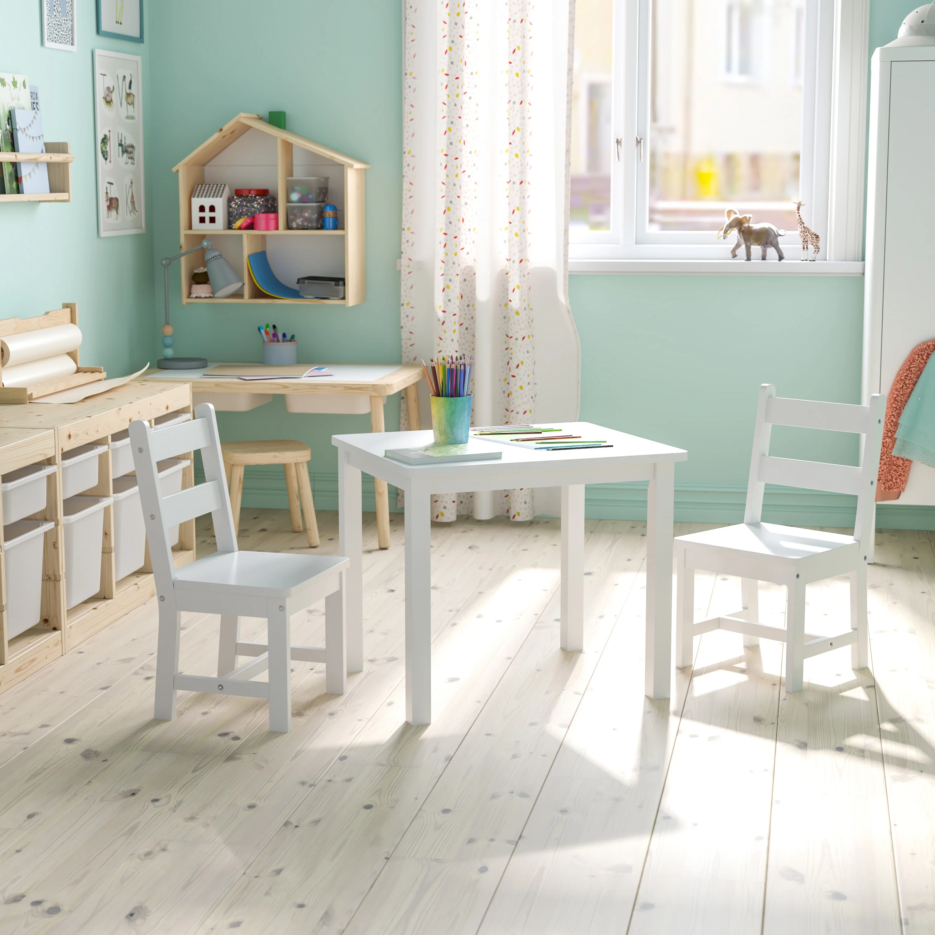 Kids 3 Piece Solid Hardwood Table and Chair Set for Playroom, Kitchen