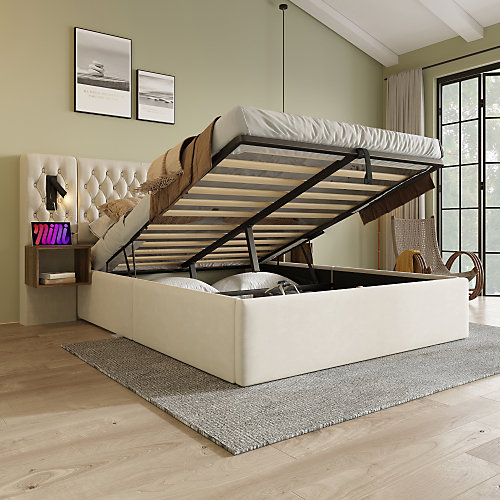 Lit coffre en velours 160x200 cm - 2 chevets   2 liseuses avec prise USB - Beige (matelas non inclus)