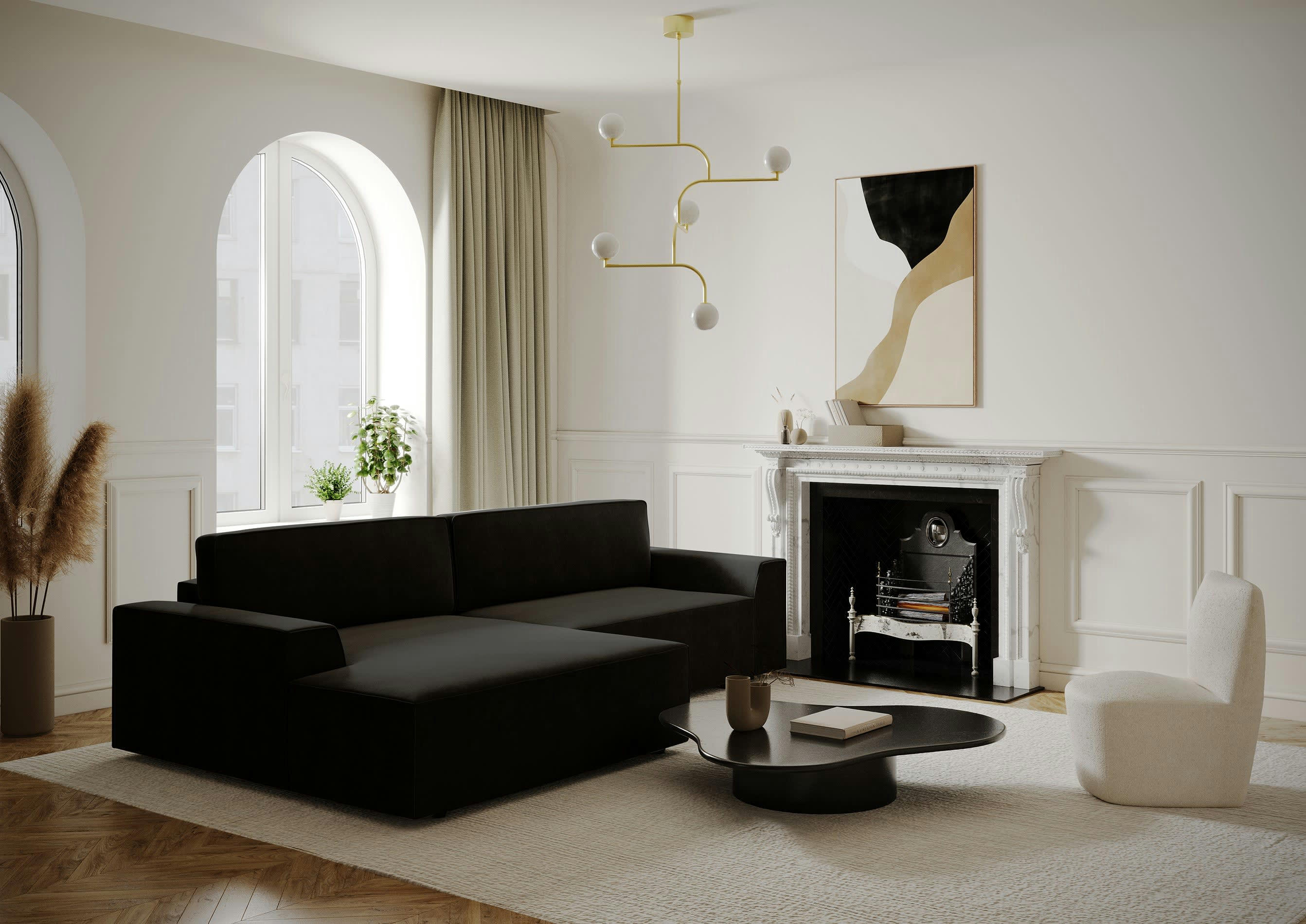 ELIOTT - Canapé angle gauche convertible coffre velours noir 300x174cm