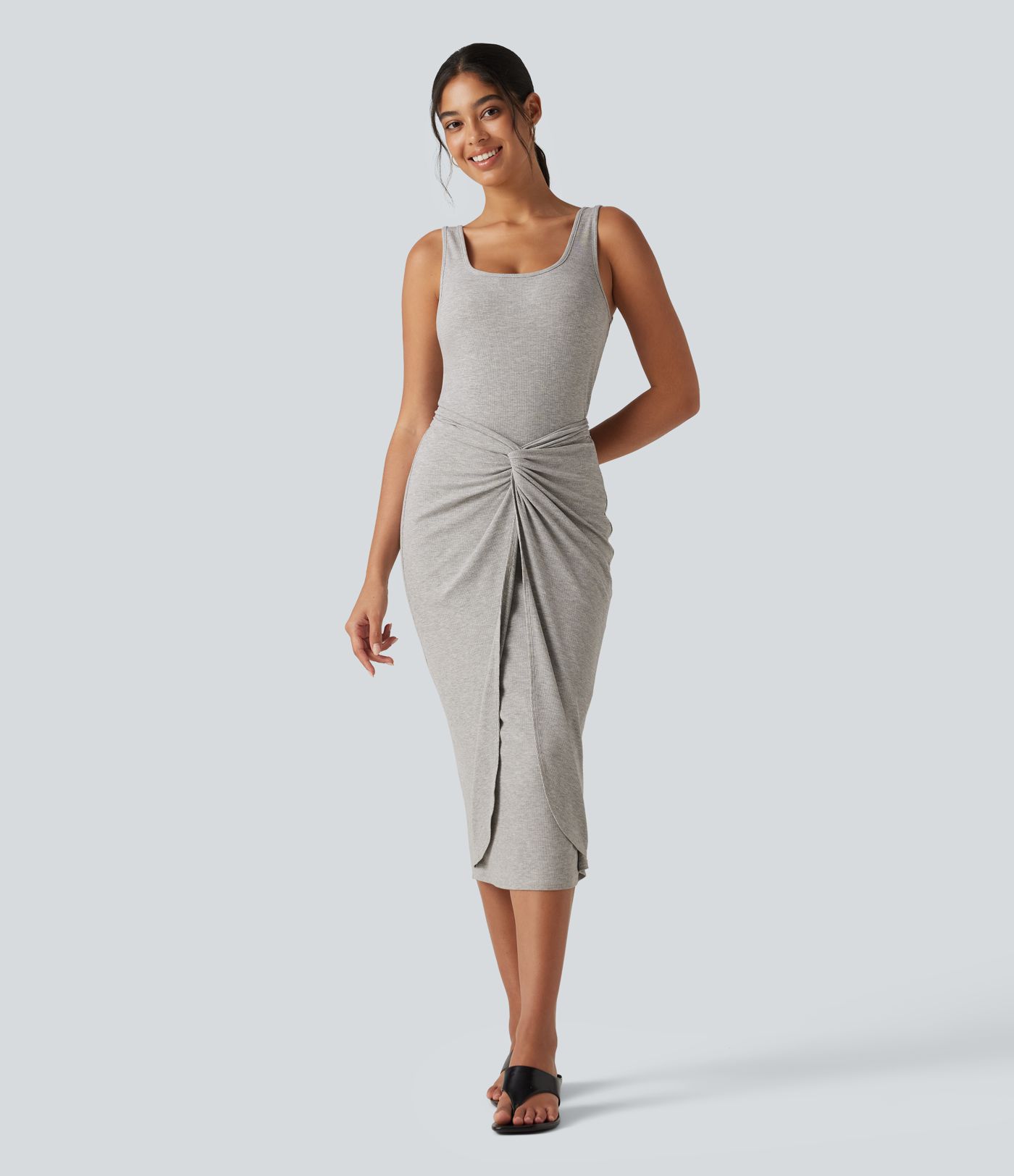 Robe midi moulante en maille côtelée chinée à encolure en U, sans manches