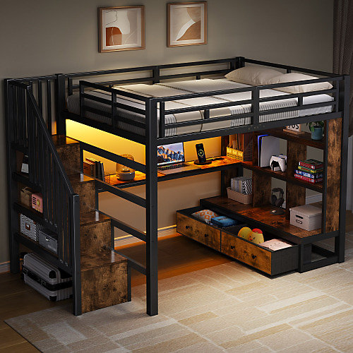 Lit mezzanine en métal 140x200cm avec LED - avec bureau et étagères - 2 tiroirs et escalier de rangement - Noir(sans matelas)
