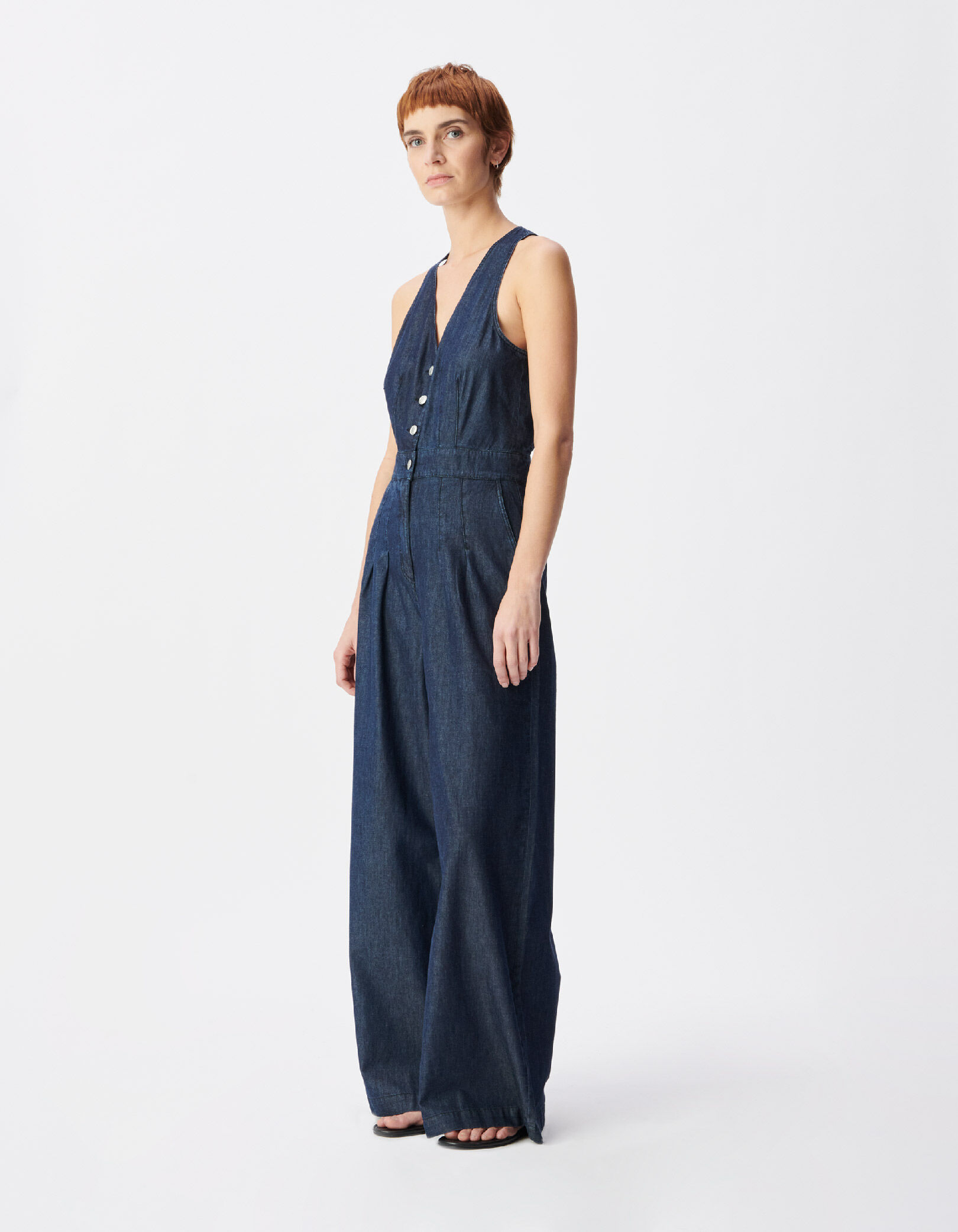 Combinaison large en jean brut sans manches Femme