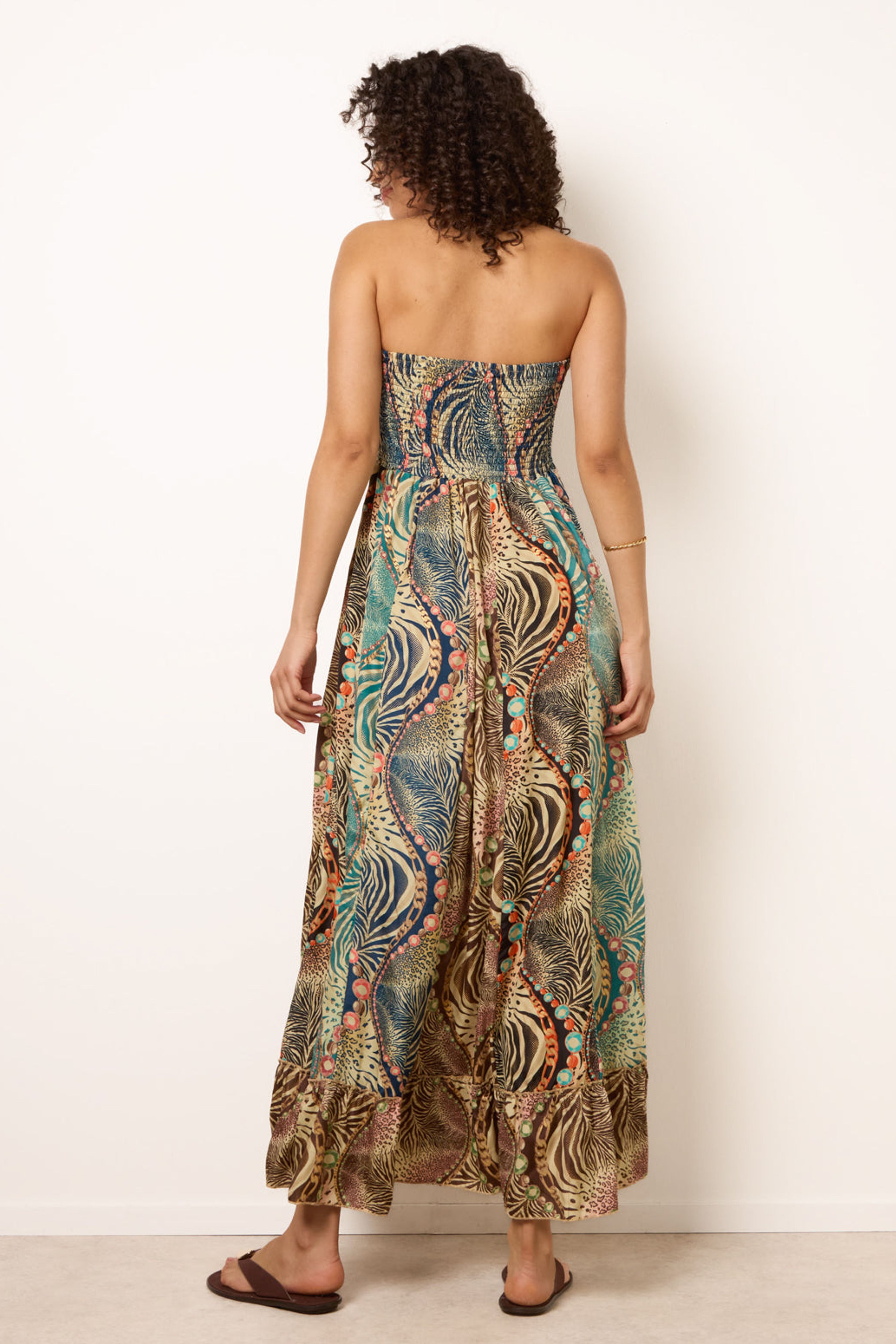 Blue Vanilla Multi Bold Print Bandeau Shirred Maxi Dress