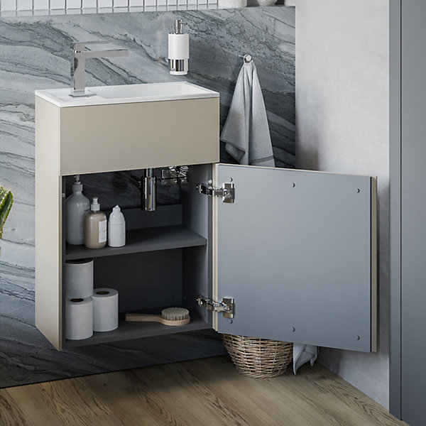 Meuble vasque suspendu MDF Beige mat, lavabo Blanc mat   trou robinet &Bonde, Charnière porte à droite - 50x26x72cm - KONDA