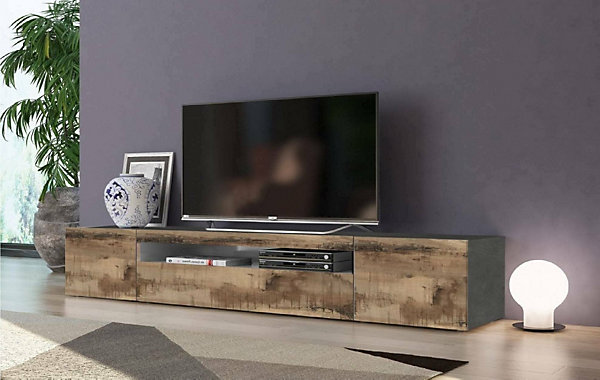 Meuble TV Salvatore, Buffet bas de salon avec 3 portes, Base pour meuble TV, 200x40h37 cm, Ardoise et Erable, avec lumière LED