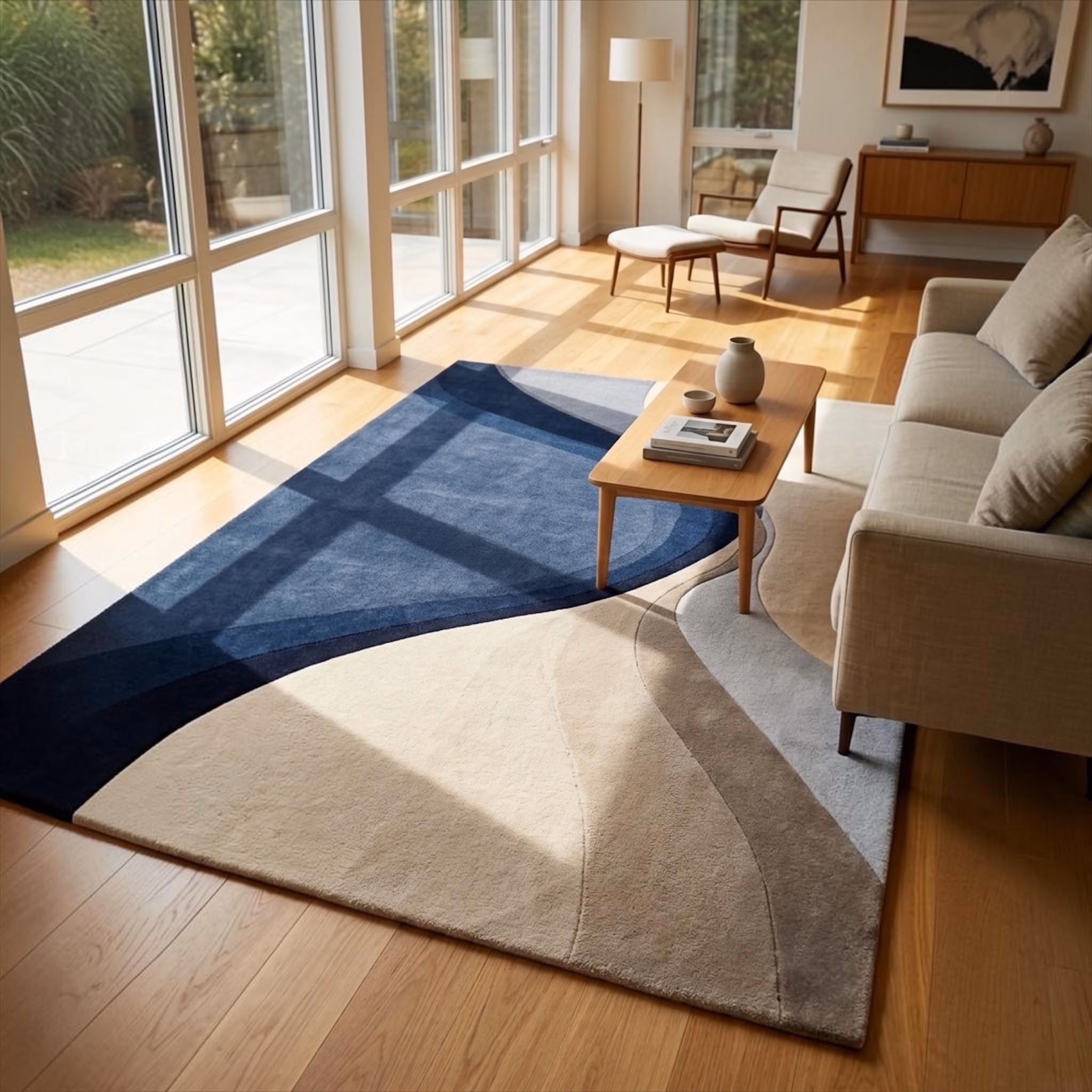 Abstract Blue and Beige Area Rug, Modern Organic Wave Carpet, Luxury Living Room Decor, Contemporary Minimalist Floor Mat, Custom Size 12x15
