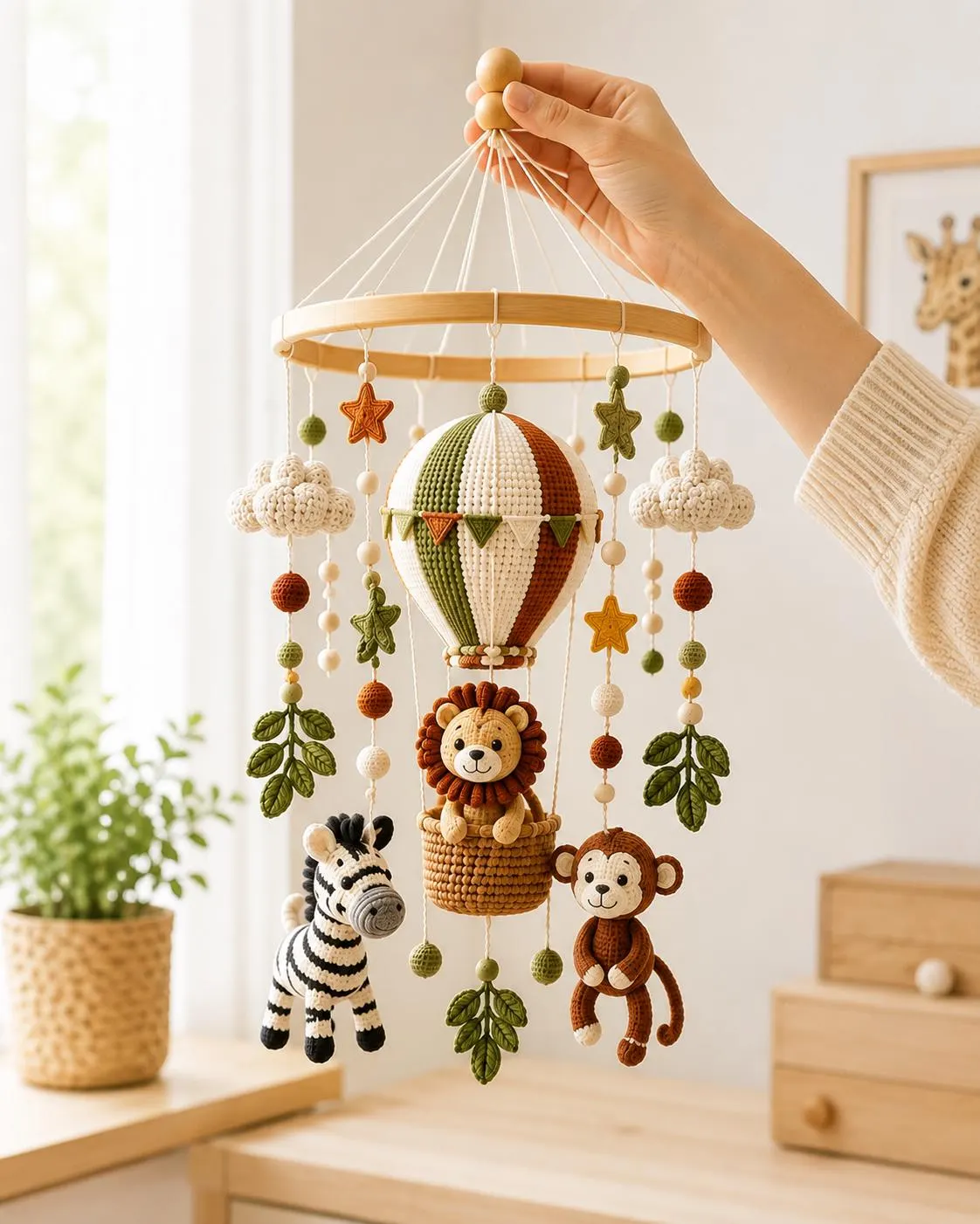 Crochet Safari Baby Mobile, Hot Air Balloon Crib Mobile with Lion Zebra Monkey, Jungle Nursery Decor, Baby Shower Gift