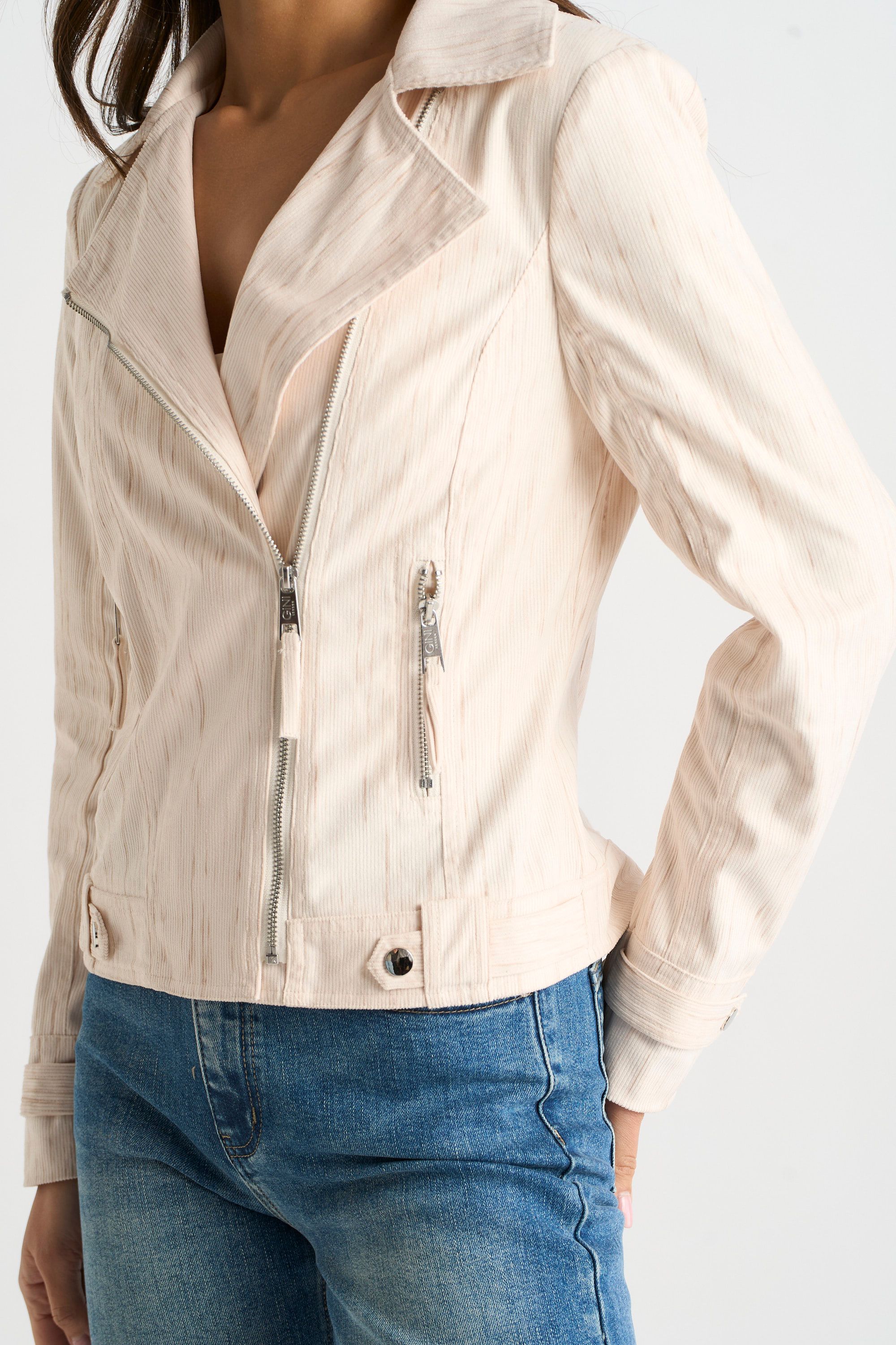 Gini London Beige Corduroy Biker Zip Up Jacket