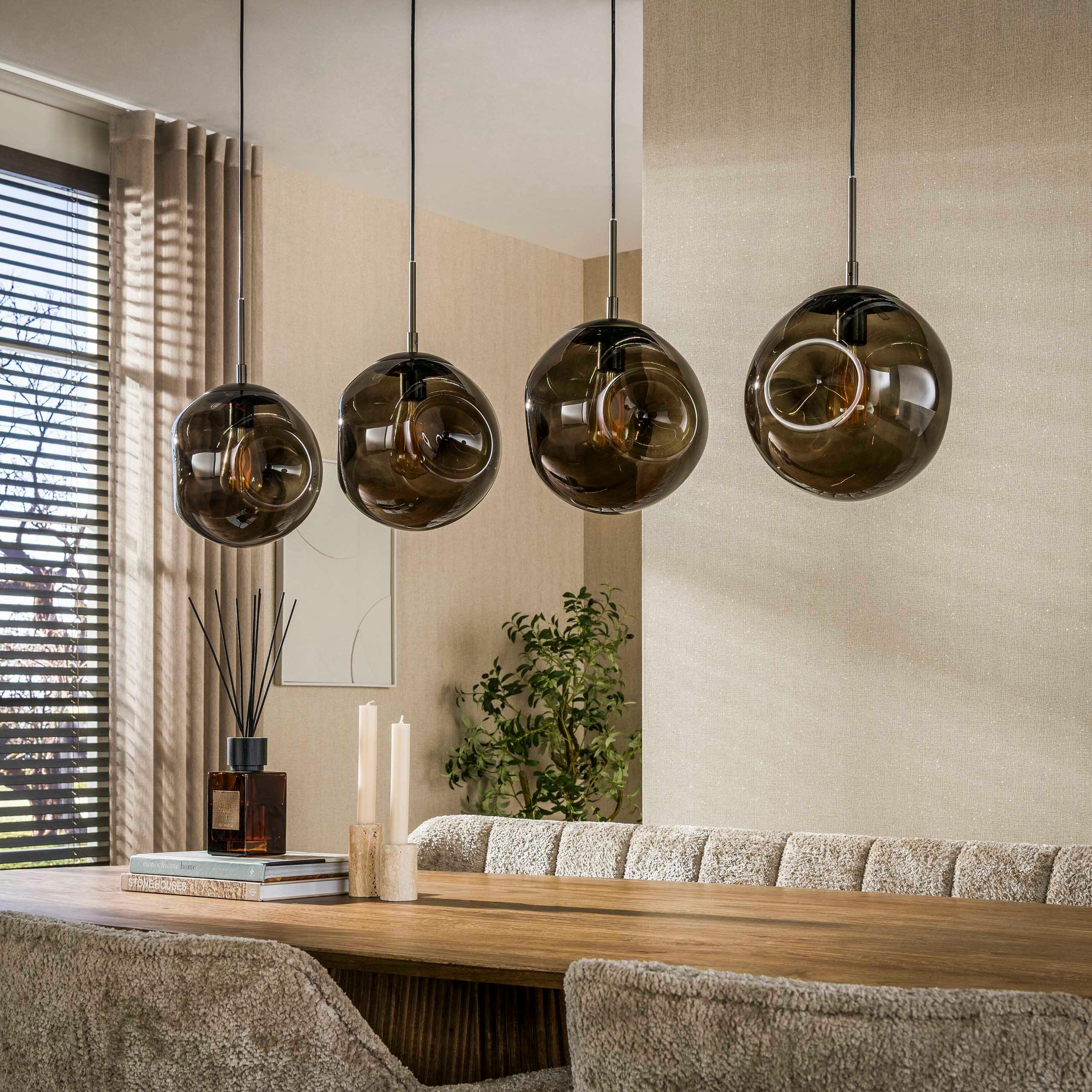 Suspension îlot cuisine vintage 4 globes verre brun NIAGARA