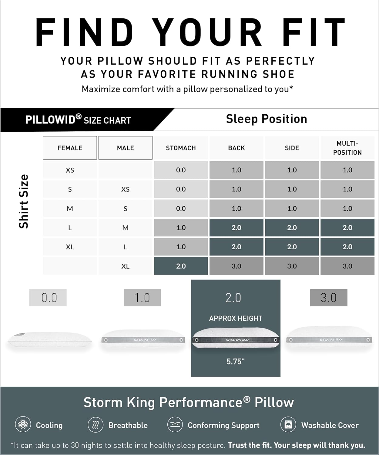 Bedgear Storm Performance Pillow 2.0 – Cooling Bed Pillow for Hot Sleepers, Medium Firm Support for All Sleep Positions – Dual-Sided Comfort, Breathable Air-X Mesh, Washable Ver-Tex Cover, 20” x 36”