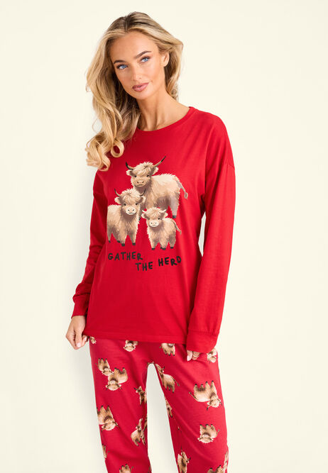 Unisex Adults Red Highland Cow Christmas Family Pyjama Set