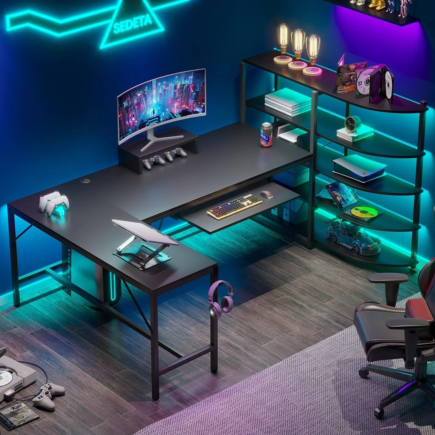 Computer Desk with Storage Shelves L Shaped Gaming LED Light