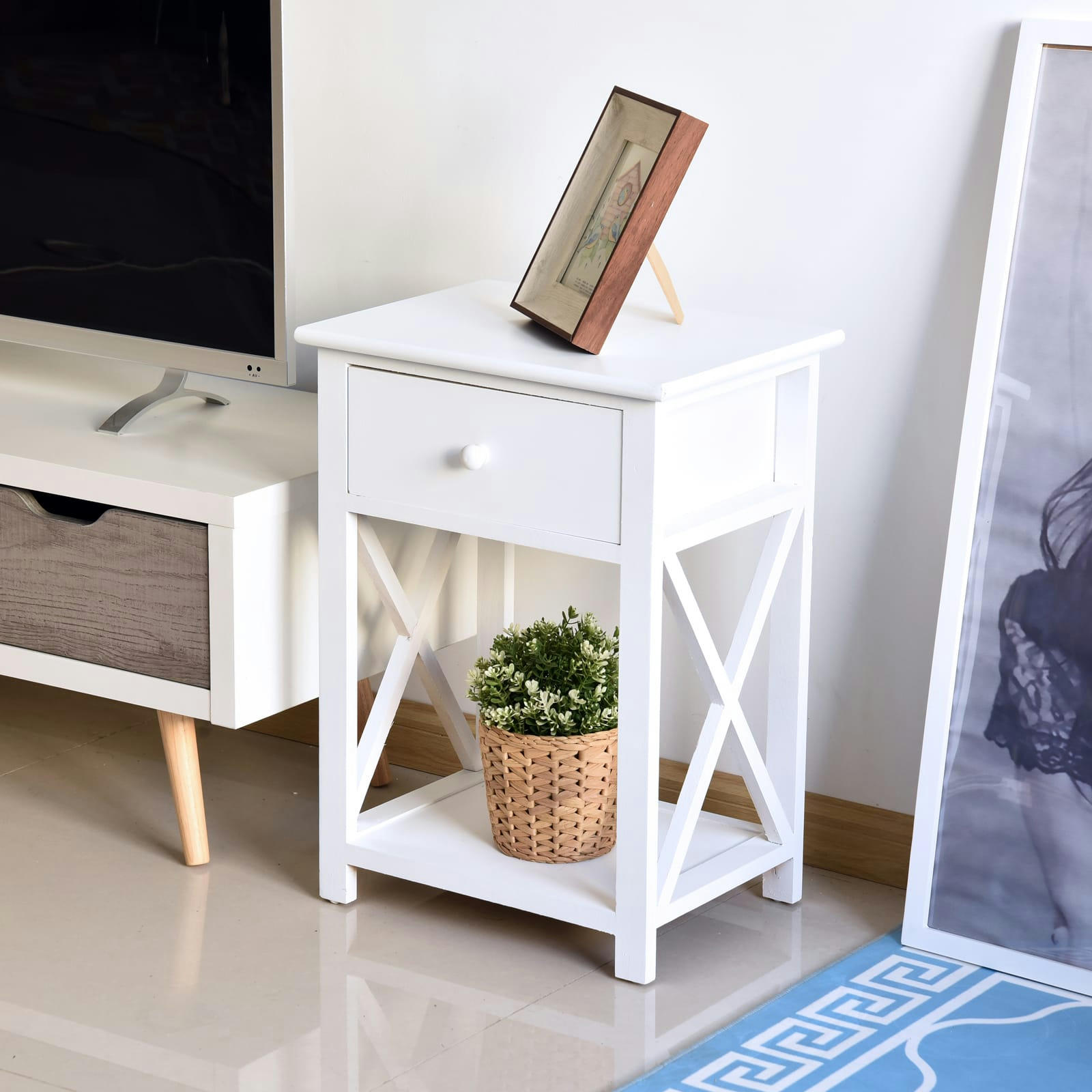 - Table de chevet style cosy croix latérales tiroir étagère bois