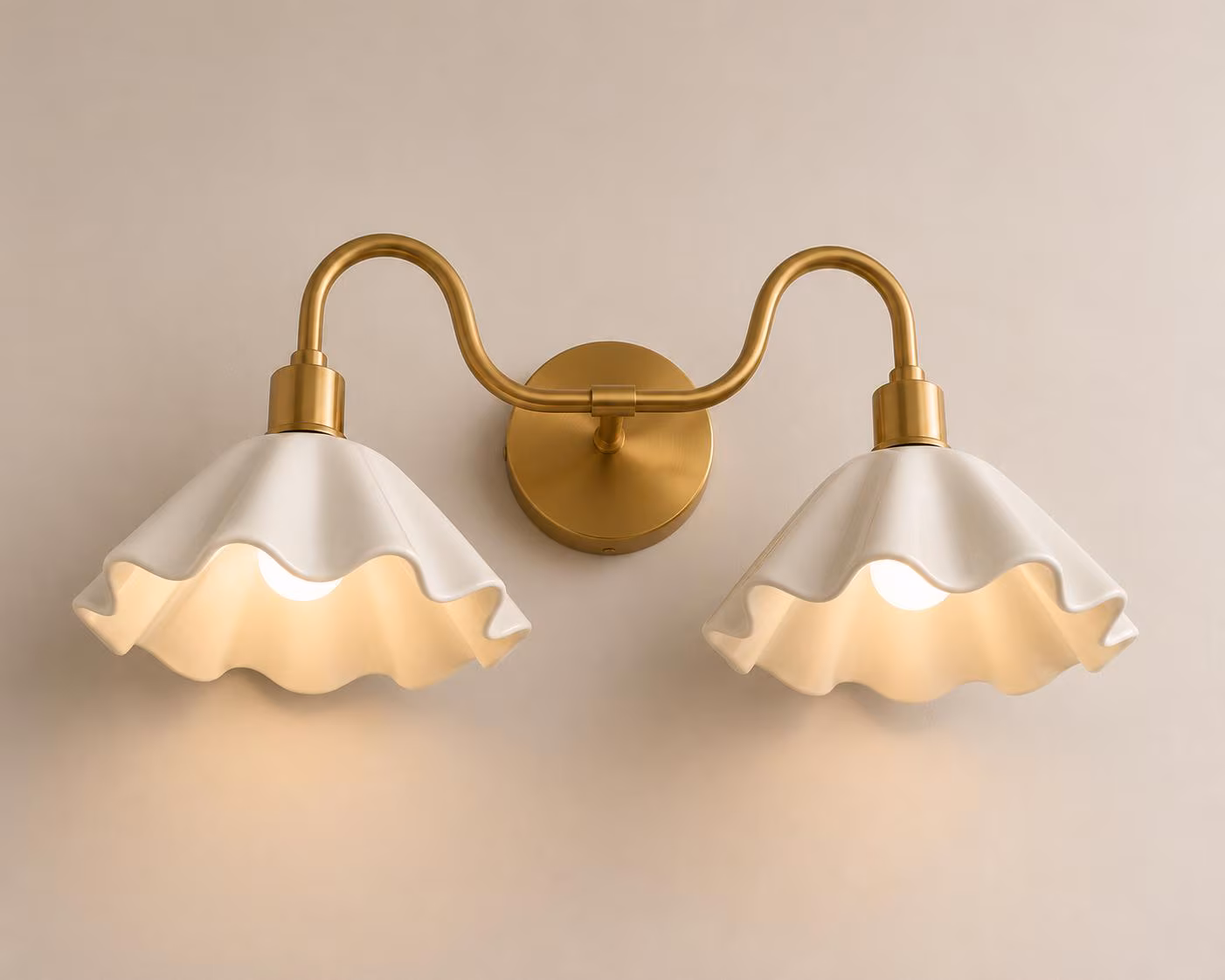 Mid Century Modern Brass Double Sconce, Scalloped White Shade Vanity Light Fixture