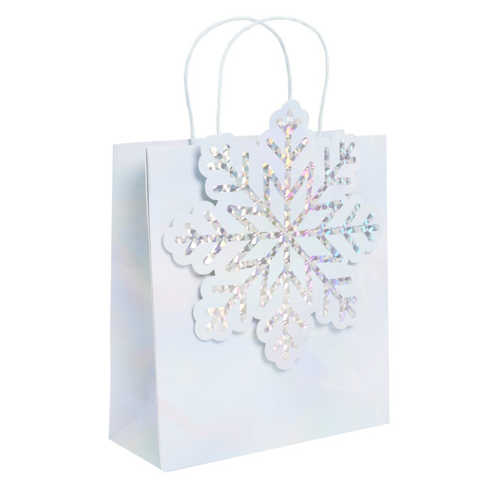 Sac cadeau No&euml;l boréal motif flocon iridescent bleuté 23x9xH25cm