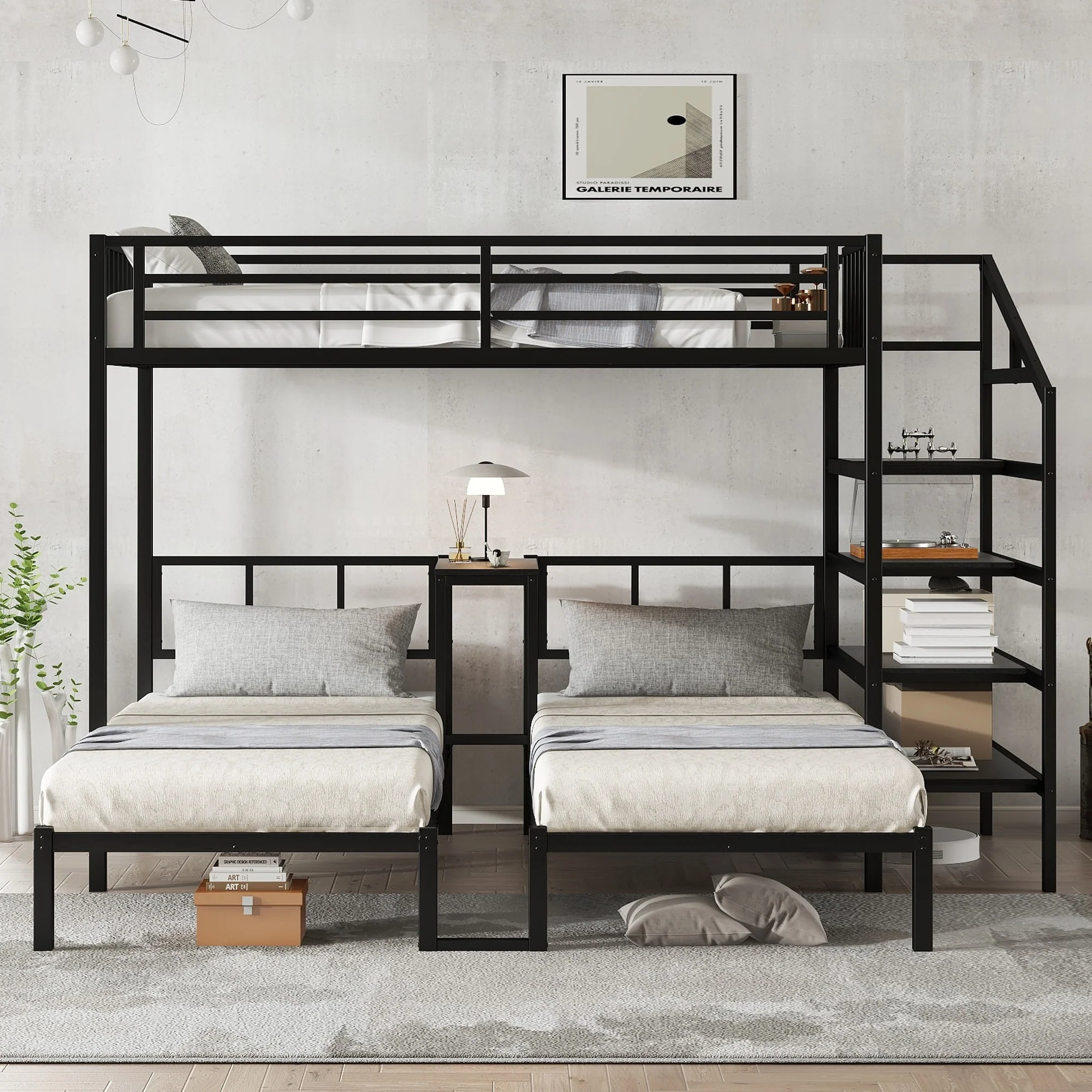 Twin over Twin & Twin Bunk Beds for 3, Twin XL over Twin & Twin Bunk Bed Metal Triple Bunk Bed with Desk & Shelves