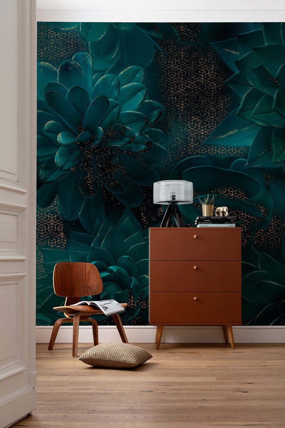 Sanders & Sanders fotobehang bloemen petrolgroen - 400 x 280 cm - 611862