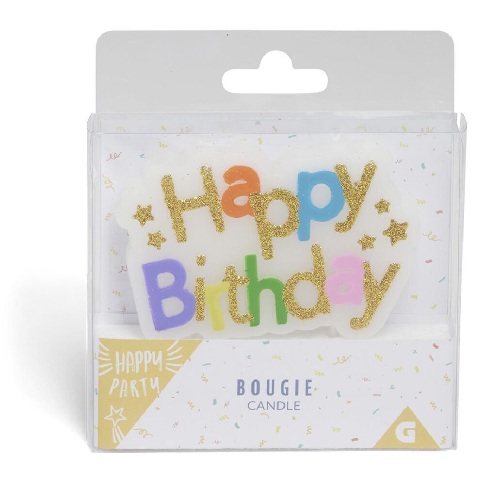 Bougie anniversaire Happy Birthday bannière multicolore et doré