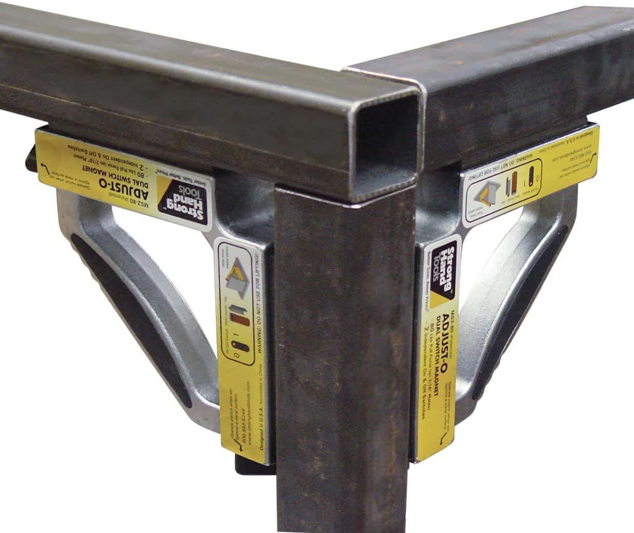Strong Hand Tools Adjust-O 90° Dual Switch Magnetic Fabrication Square, On/Off Switches, Max. Pull Force: 120 LBS, Dimension: 6 x 6 x 1-1/2″, MS2-80