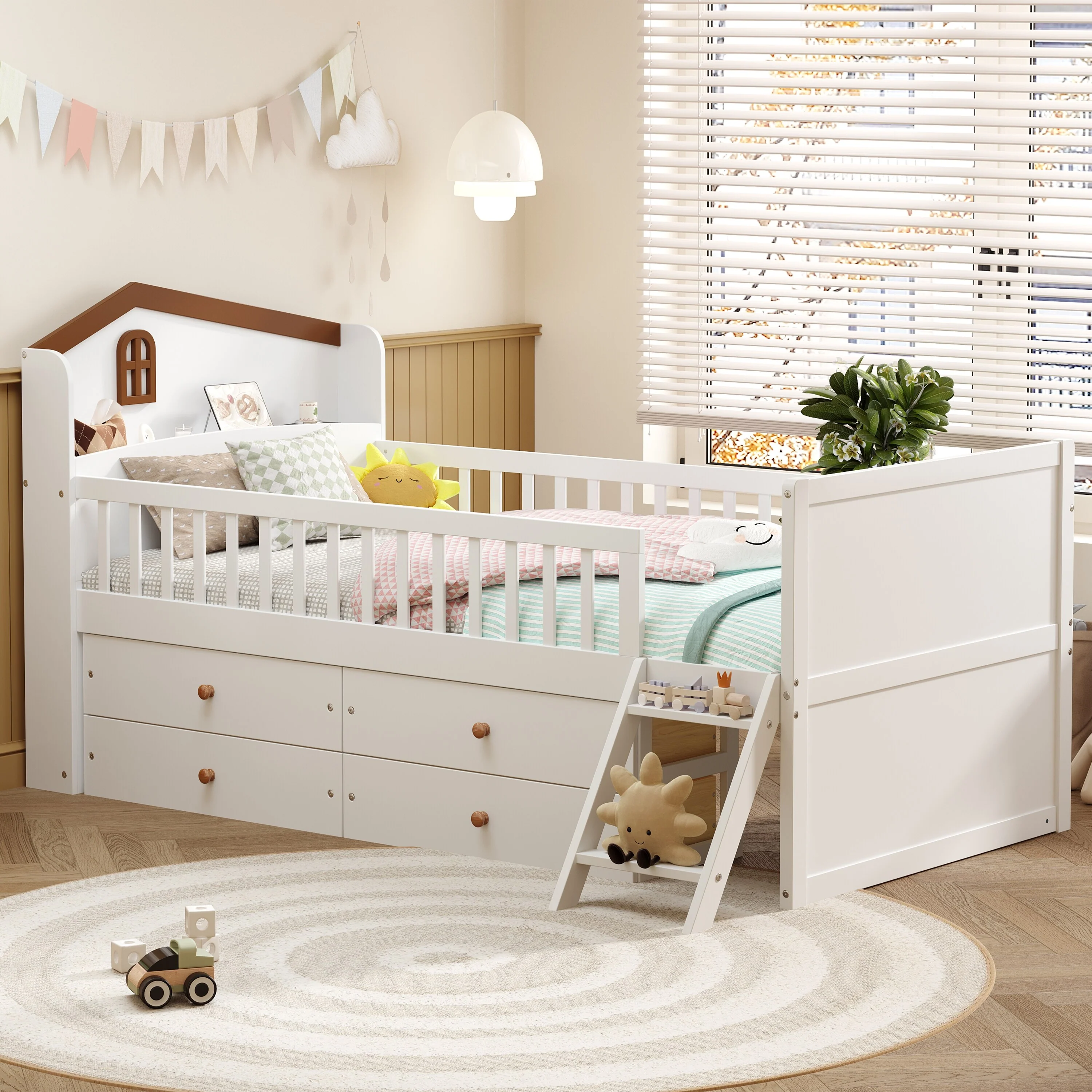 Twin Bed Frame with Storage 4 Drawers,Wooden Bed Frame for Kids,with Guardrail Headboard and Ladder,No Box Spring Needed