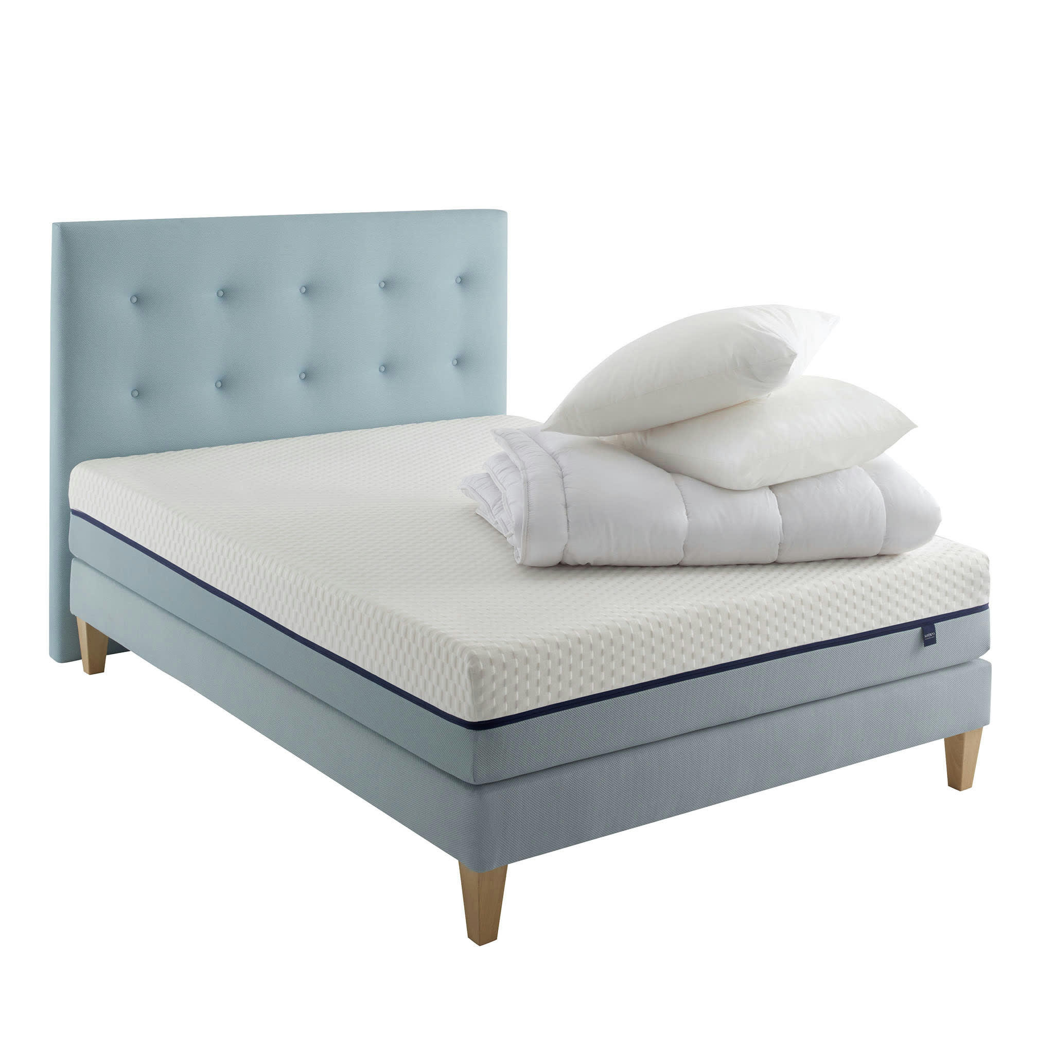 SONGE 600 - Ensemble matelas, sommier, pieds, tête de lit, couette oreiller 140x20