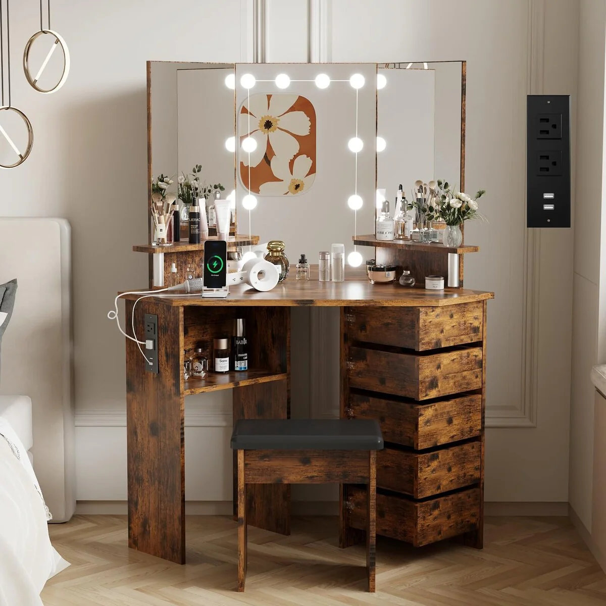 Makeup Vanity Desk with Lights & Power Outlet