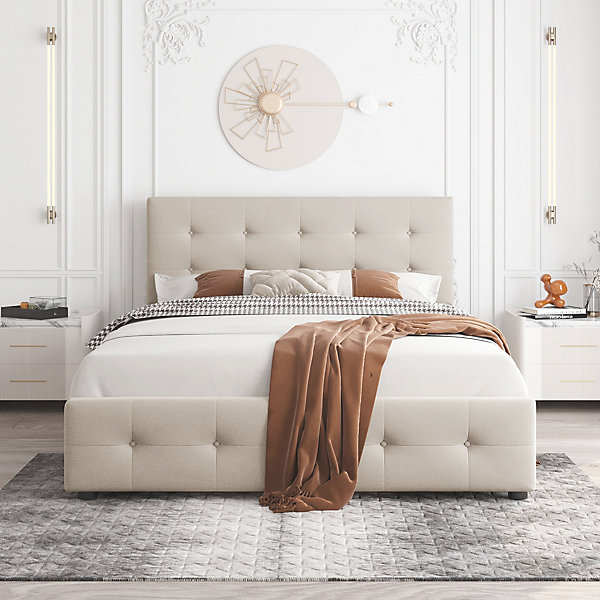 Lit Double 140x200 cm - avec 4 Tiroirs, Lit Confortable en Velours, Tête de Lit capitonnée, Sans Matelas, Beige