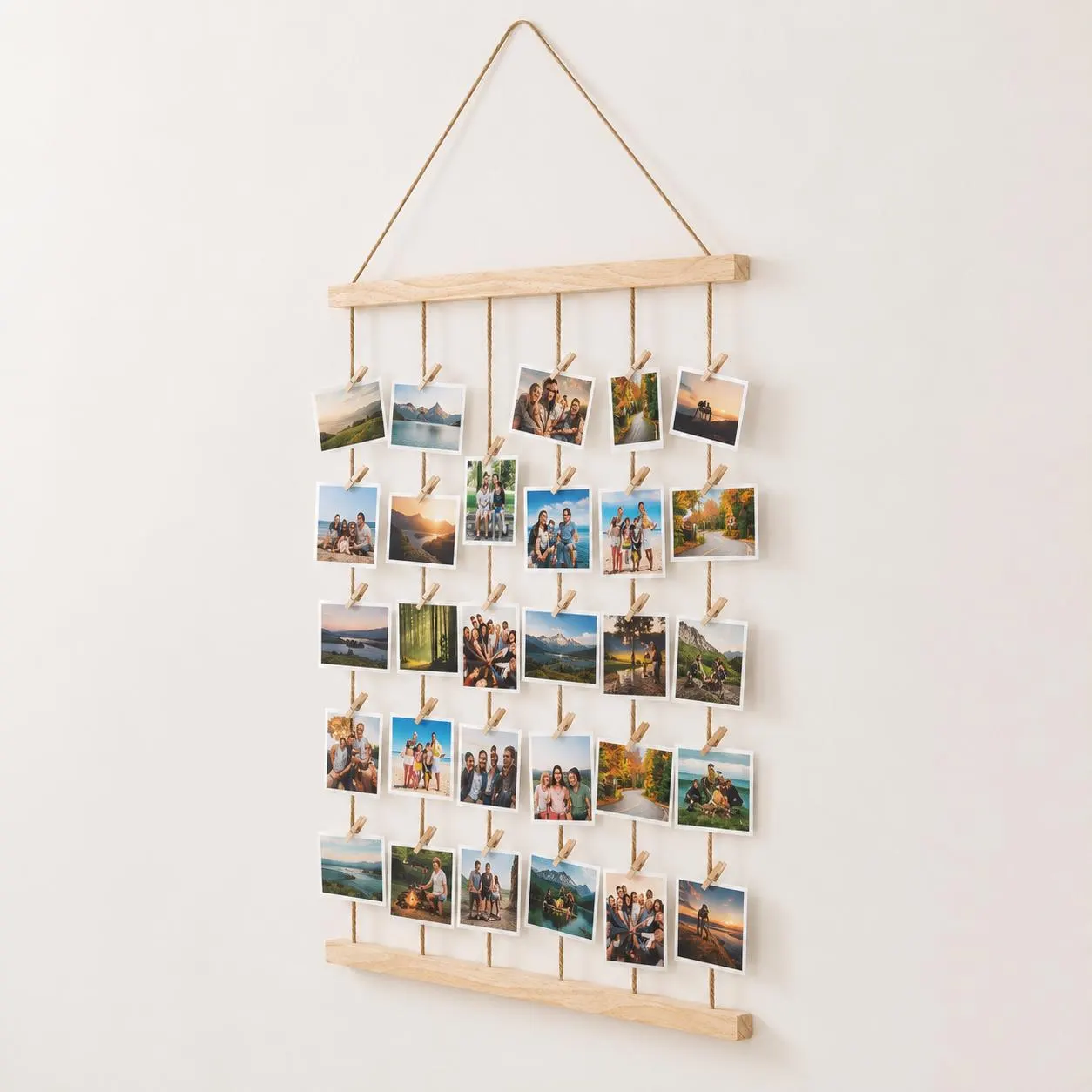 Wooden Photo Display Holder, Boho Scandinavian Wall Decor, Jute Cord Organizer with Pegs