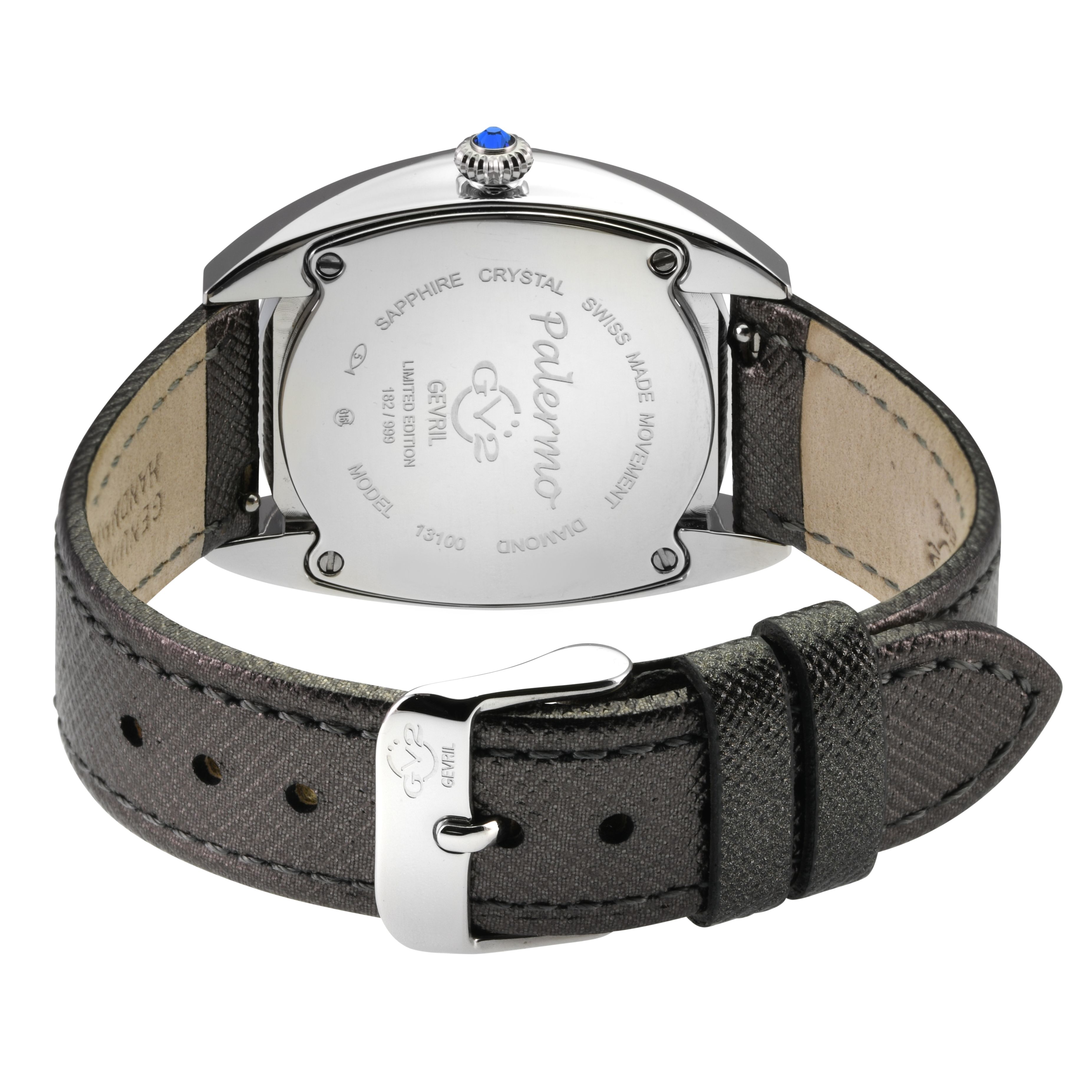 GV2 Palermo Diamond , 316L Stainless Steel Case, MOP Black Dial, Genuine Black Handmade Leather Strap Swiss Quartz Watch