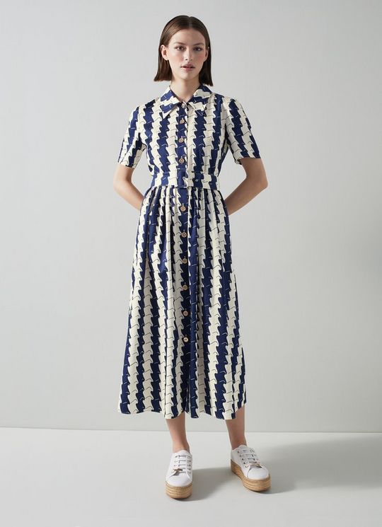 Calder Navy and Cream Wavy Stripe Shirt Dress