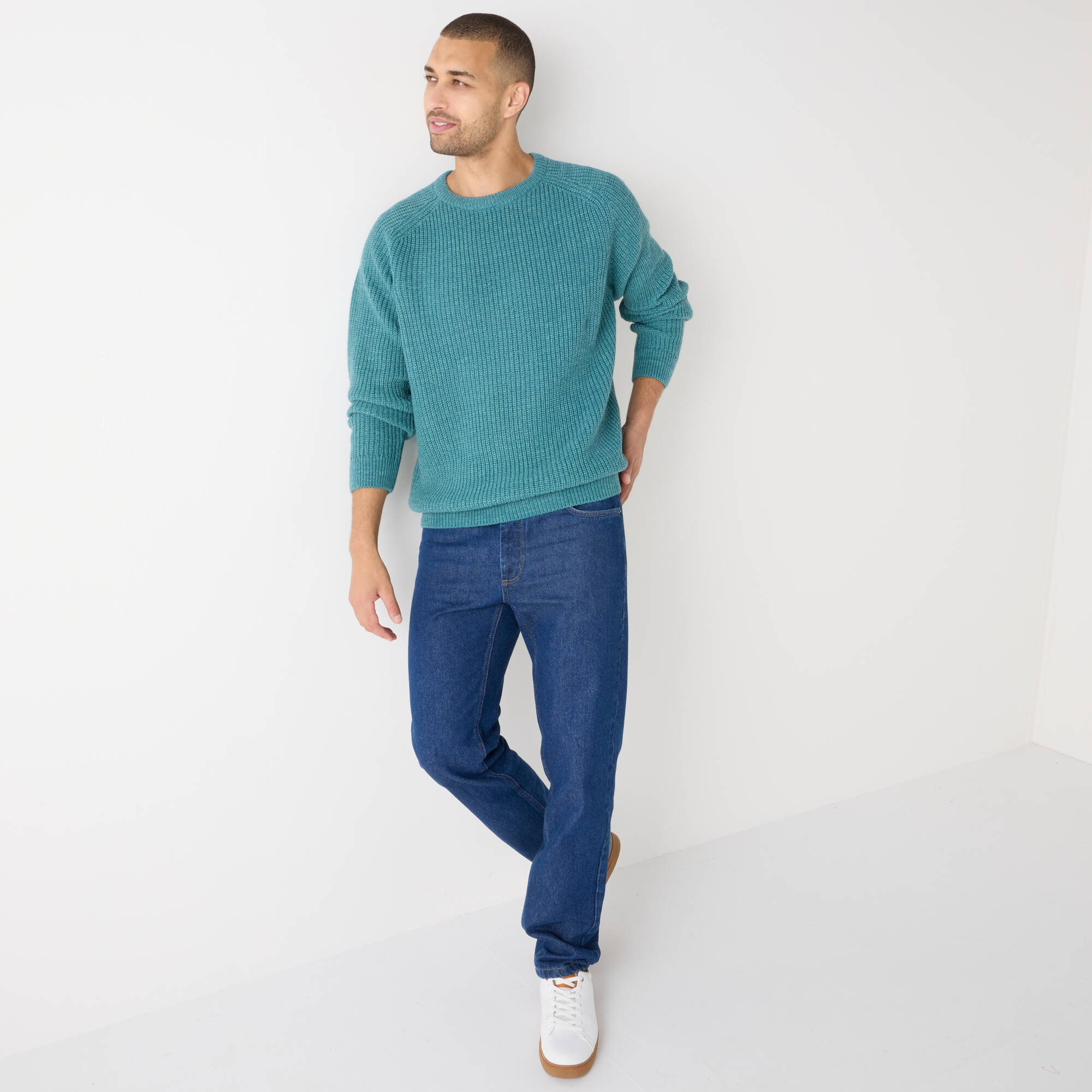 Pull col rond manches marteau c&ocirc;tes anglaises 30% laine