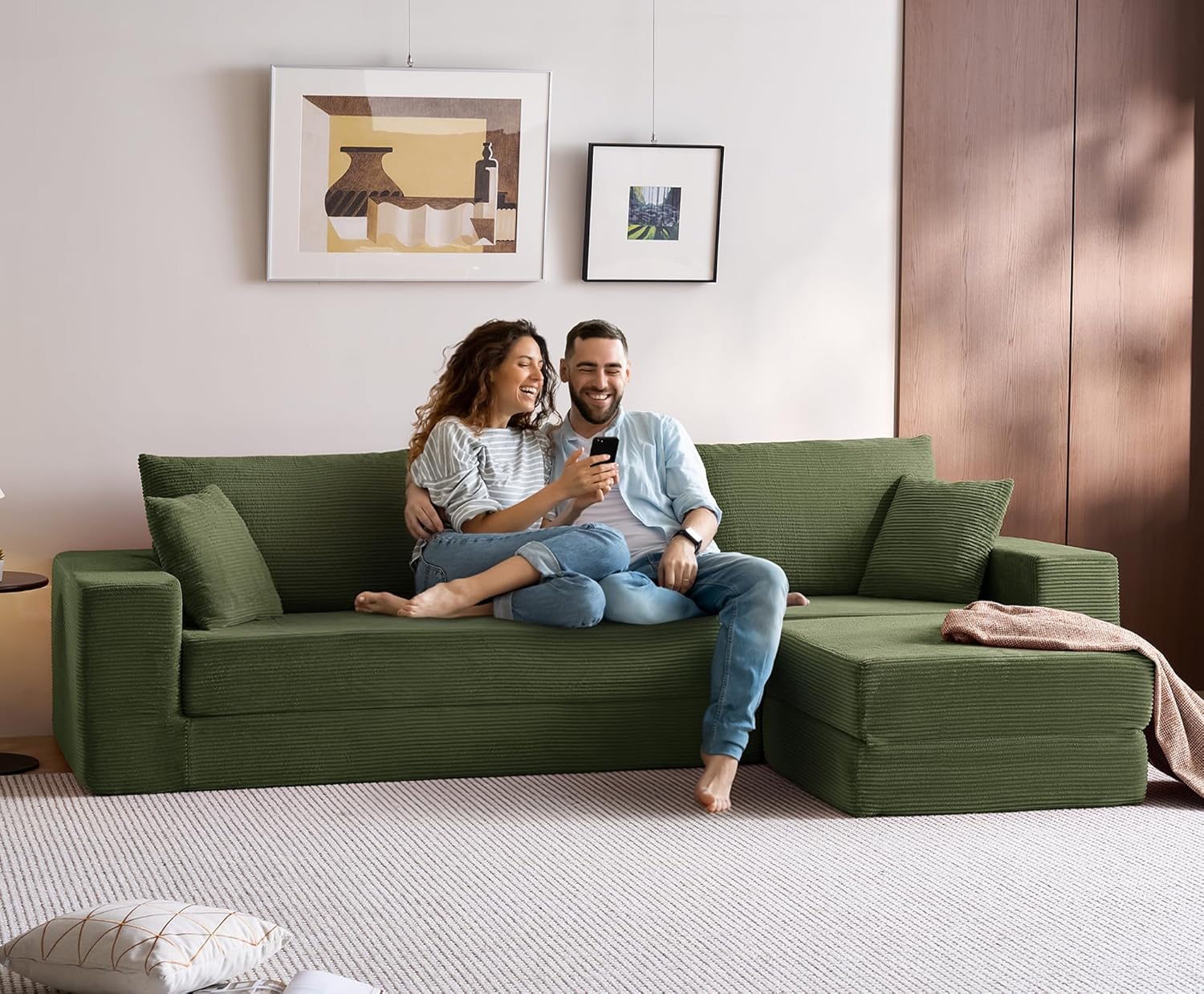 LINSY HOME Oversized Convertible Sofa Bed with 2 Pillows & Ottoman, Corduroy Boneless Couch Folding Modular Sleeper Sofa, L Shaped Couch Floor Sofa for Living Room Apartment, Upgrade Backrest (Green)