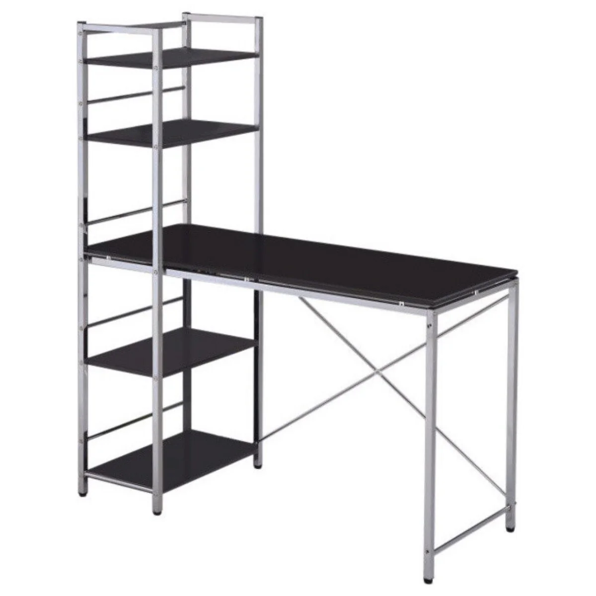 Black Wood Top Computer Desk with Silver Metal H-Shape Base and Shelving