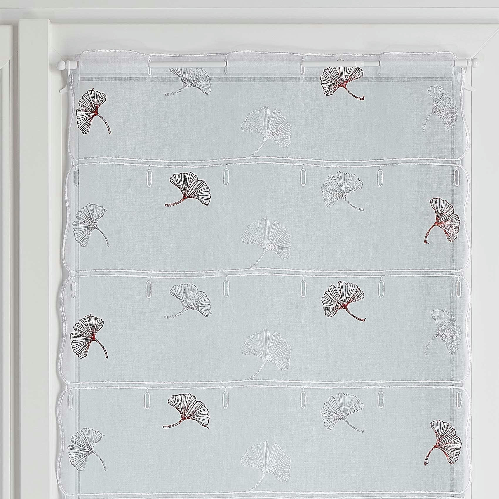 - Vitrage droit brodé feuilles de gingko polyester terracotta 90x210 cm