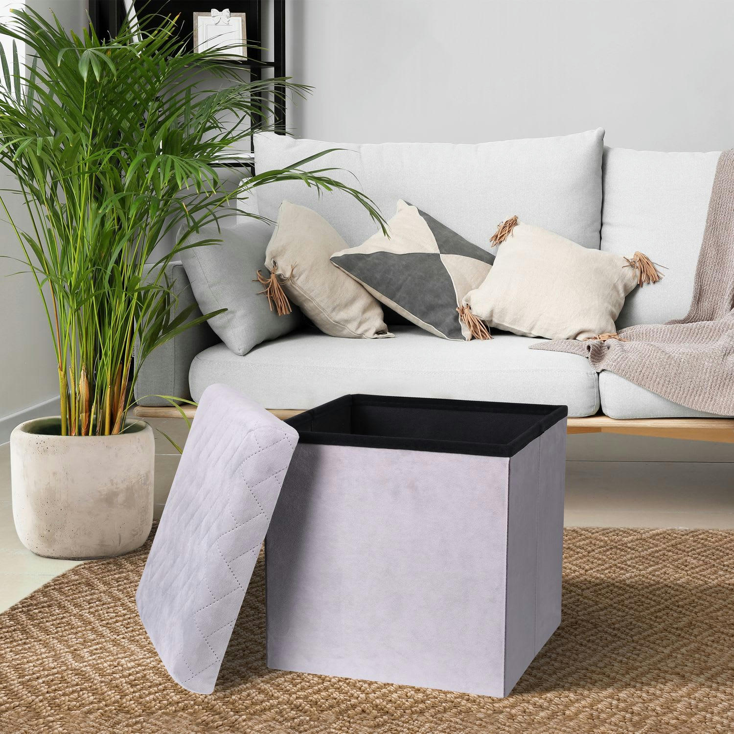 KUBE - Pouf de rangement pliable en velours gris clair